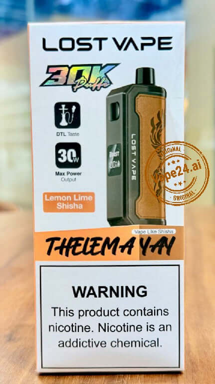 Lost Vape Thelema YAY Disposable Vape in Lemon Lime flavor with warning label and features highlighted