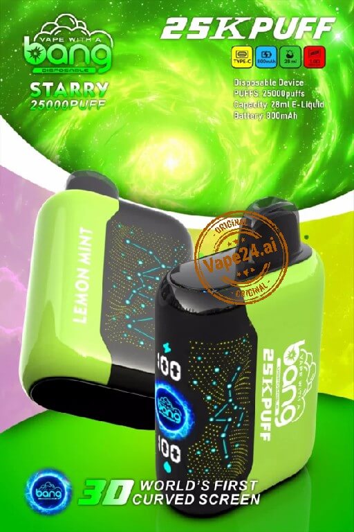 Bang Starry 25000 Puffs Disposable Vape with futuristic design and curved screen in Dubai.