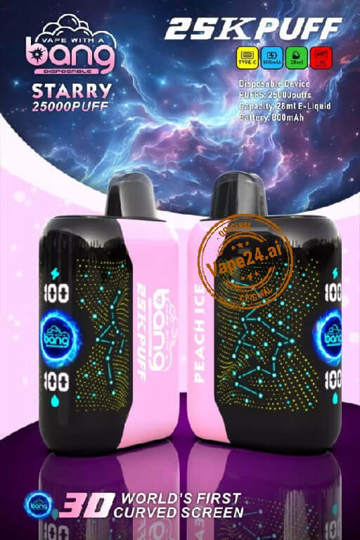 Bang Starry 25000 Puffs Disposable Vape showcasing a pink and black design, featuring LED indicators and futuristic curved screen.