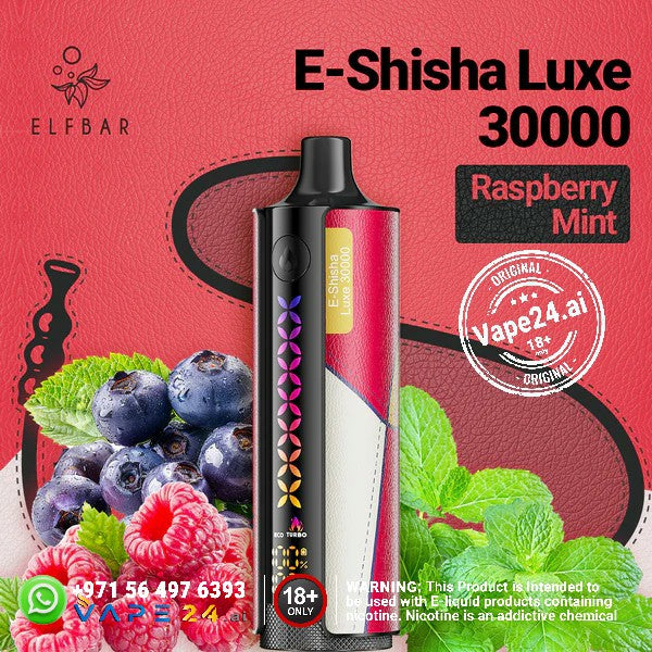 Elf Bar E-Shisha Luxe 30000 Raspberry Mint disposable vape with berry background.
