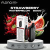 Flonq MAX S Strawberry Watermelon 8000 vape device and packaging with strawberry and watermelon graphics on a black background.