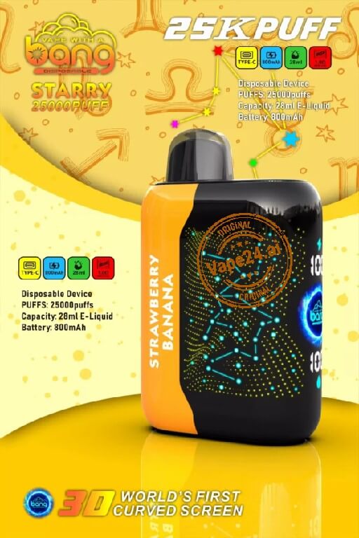 Bang Starry 25000 Puffs Disposable Vape in Strawberry Banana flavor with 800mAh battery and unique 3D curved screen design.