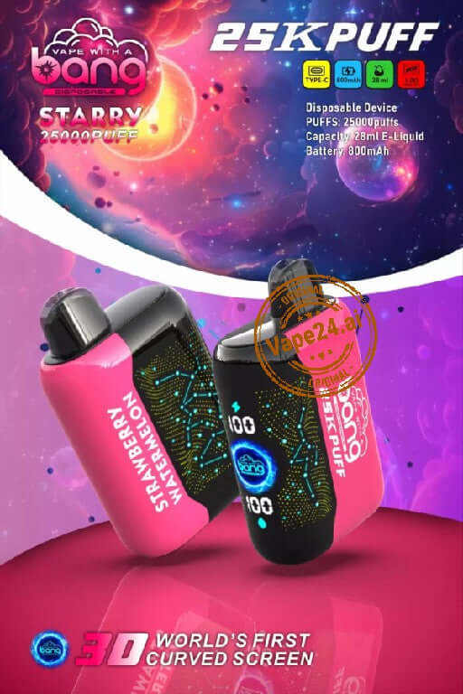 Bang Starry 25000 Puffs Disposable Vape showcasing vibrant design and curved screen, available in Dubai.