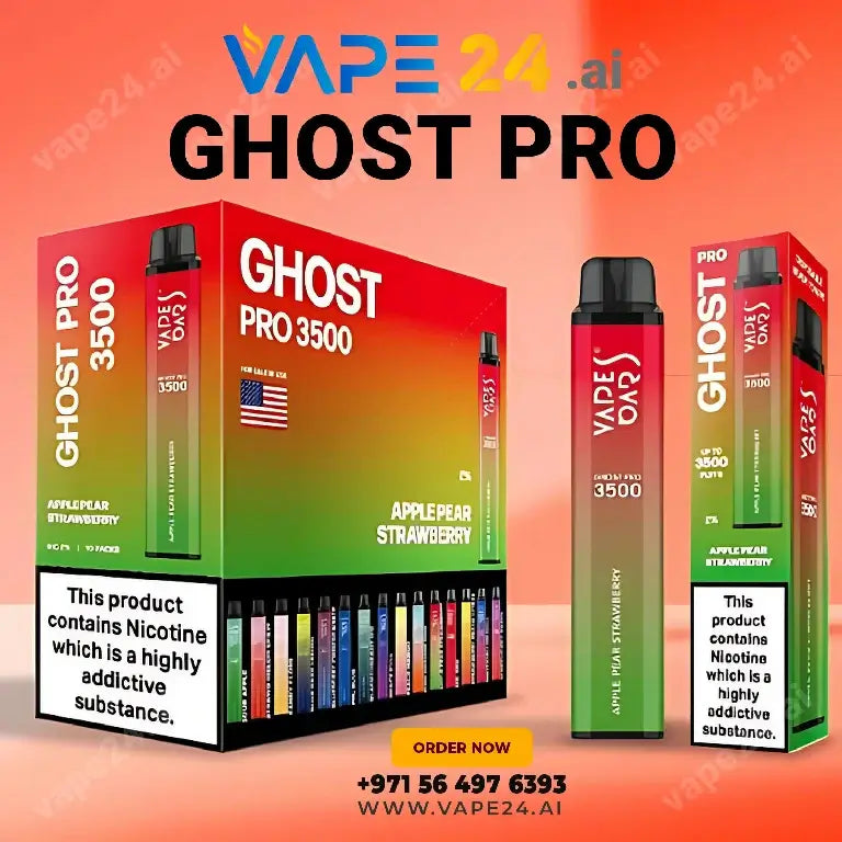Buy Vape Bar Ghost Pro 3500 Puffs Online in UAE with Fast Delivery. Features apple, pear, strawberry flavor. Shop at Vape24.ai.