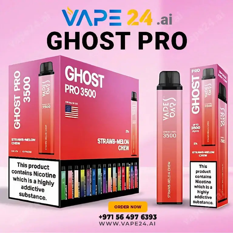 "Vape Bar Ghost Pro 3500 Puffs in Strawb-Melon Chew flavor, available at vape24.ai with express delivery in Dubai."