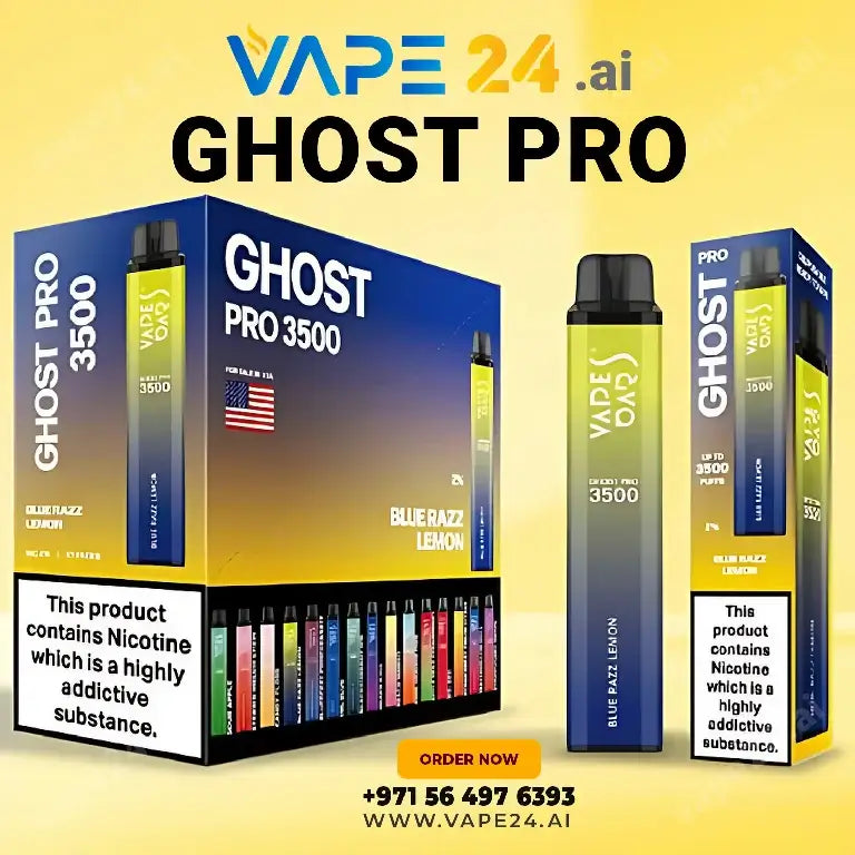 Vape Bar Ghost Pro 3500 Puffs in Blue Razz Lemon flavor with packaging, available for online purchase in UAE with express delivery.