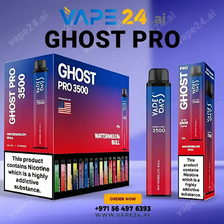 "Vape Bar Ghost Pro 3500 Puffs Watermelon Bull flavor, featuring stylish disposable vape design and nicotine warning label."