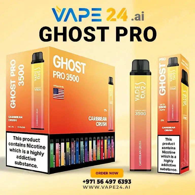 Ghost Pro 3500 Puffs Vape Caribbean Crush flavor with nicotine warning, available at Vape24.ai, call +971 56 497 6393 for orders.