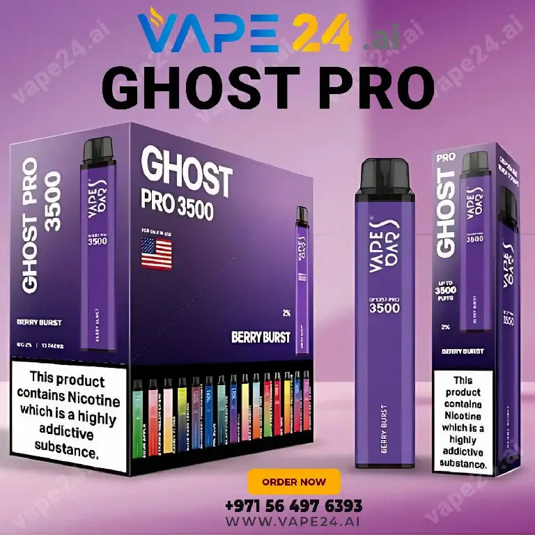 Vape Bar Ghost Pro 3500 Puffs in Berry Burst flavor, featuring nicotine warning, available for purchase at Vape24 with express delivery in UAE.