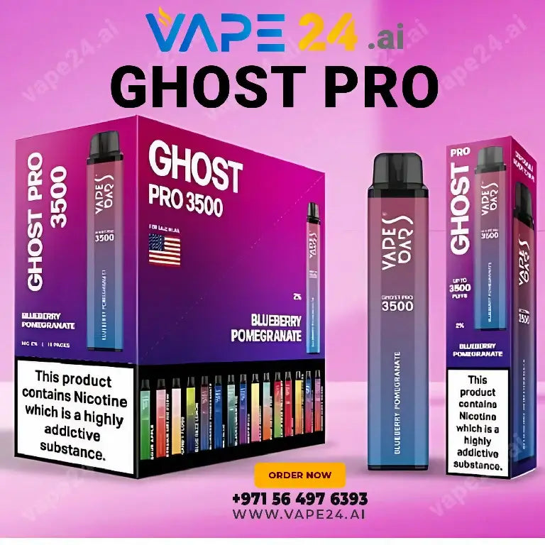 Vape Bar Ghost Pro 3500 Puffs Blueberry Pomegranate flavor e-cigarette packaging, available for online purchase with delivery in UAE.
