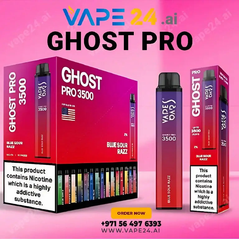 Vape Bar Ghost Pro 3500 Puffs box and disposable vape pen with Blue Sour Razz flavor, available for purchase online at Vape24.ai.
