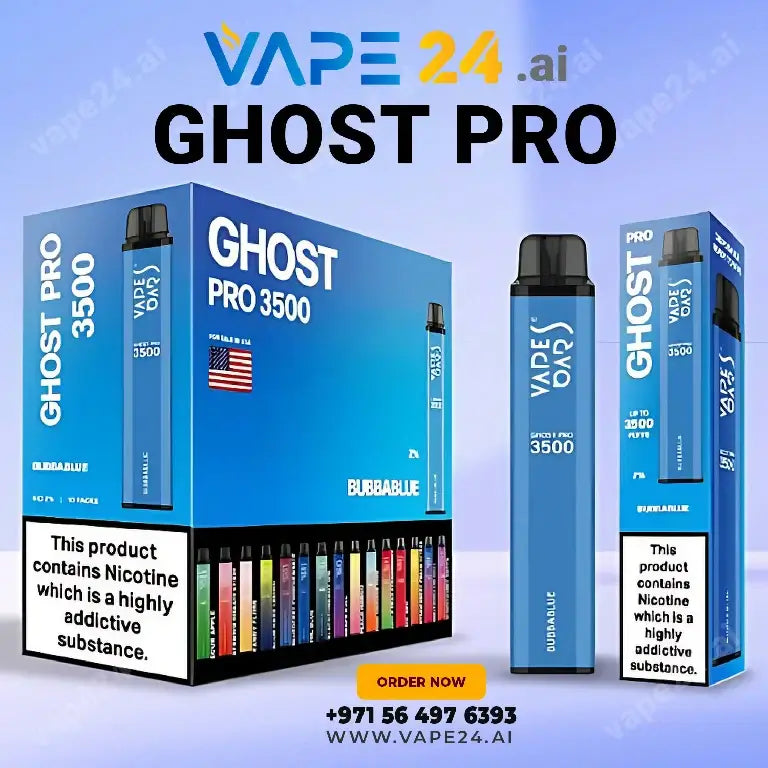 Vape Bar Ghost Pro 3500 Puffs, blue packaging and e-cigarette, Vape24. Order now for fast delivery in Dubai.