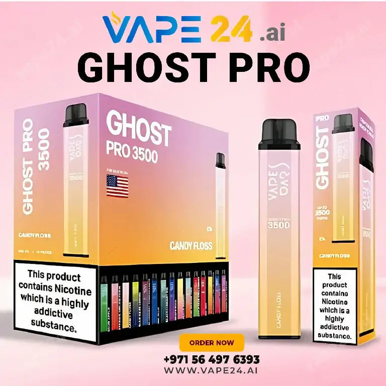 "Vape Bar Ghost Pro 3500 Puffs display, candy floss flavor, available online in UAE with express delivery options."