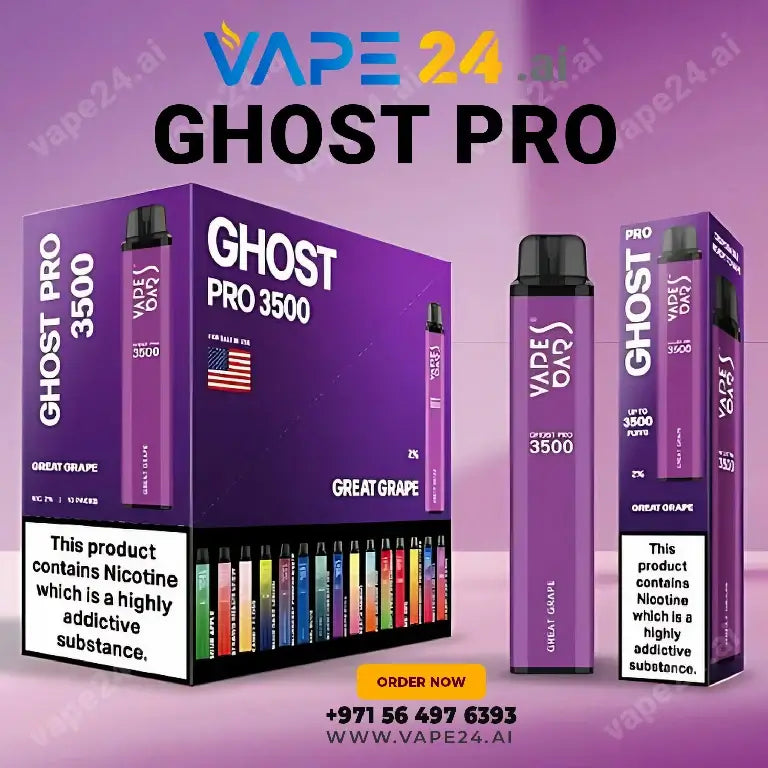 "Vape Bar Ghost Pro 3500 Puffs display with great grape flavor packaging, available for online purchase in UAE."