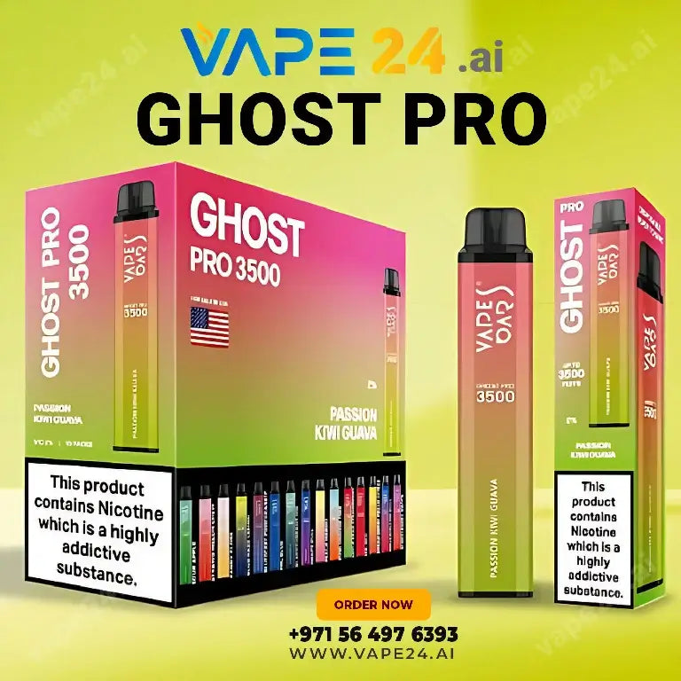Vape Bar Ghost Pro 3500 Puffs disposable vape packaging with Passion Kiwi Guava flavor, available for online purchase in UAE.