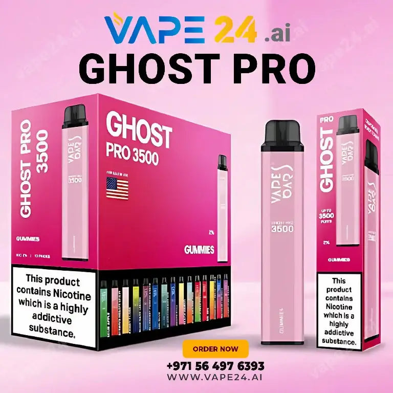 Vape Bar Ghost Pro 3500 Puffs box and individual device displayed, promoting nicotine product with contact info and website link.