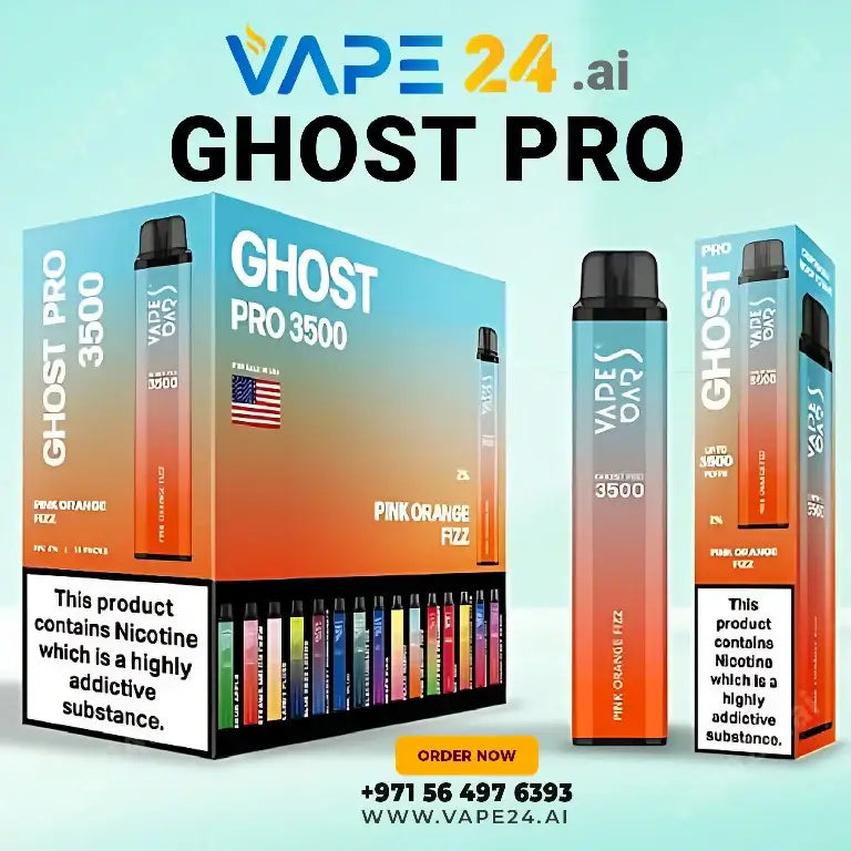 Vape Bar Ghost Pro 3500 Puffs in Pink Orange Fizz flavor, available for online purchase with express delivery in Dubai.
