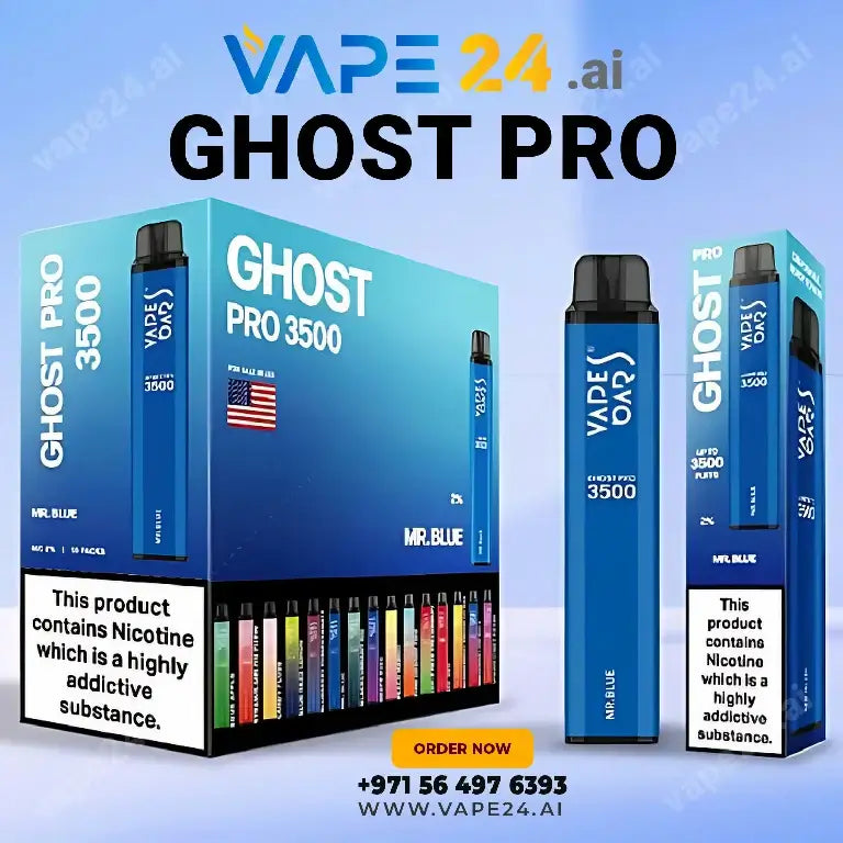 Vape Bar Ghost Pro 3500 Puffs, buy disposable vape online in UAE, box and single pod, nicotine warning, available at vape24.ai