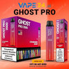 Ghost Pro 3500 Strawberry Grape disposable vape packaging with nicotine warning and contact details for Vape24.ai.