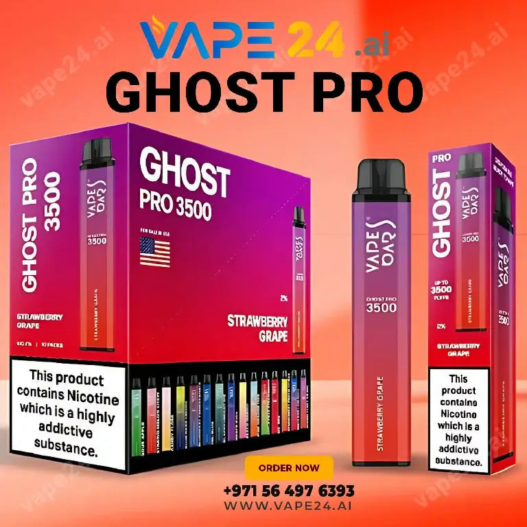 Ghost Pro 3500 Strawberry Grape disposable vape packaging with nicotine warning and contact details for Vape24.ai.
