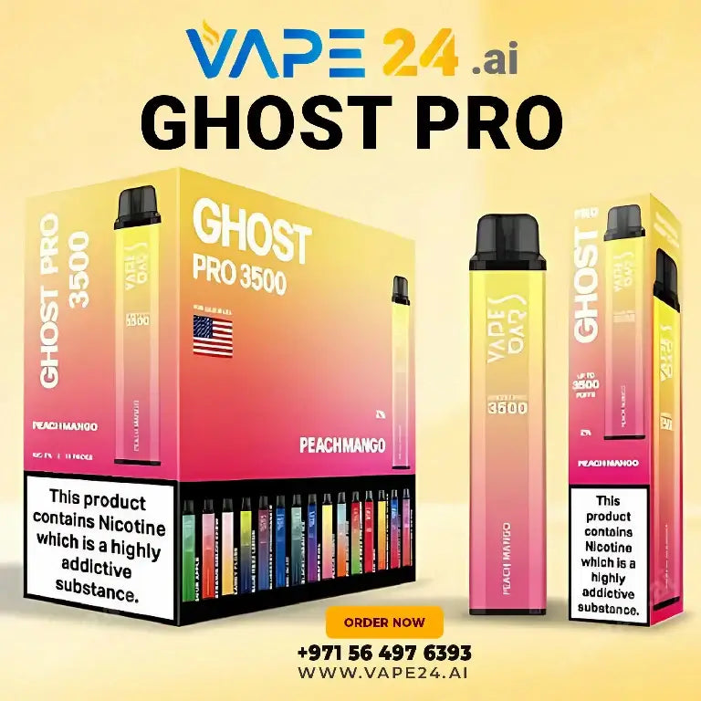 Vape Bar Ghost Pro 3500 Peach Mango flavor, available at vape24.ai, featuring stylish packaging and nicotine content warning.