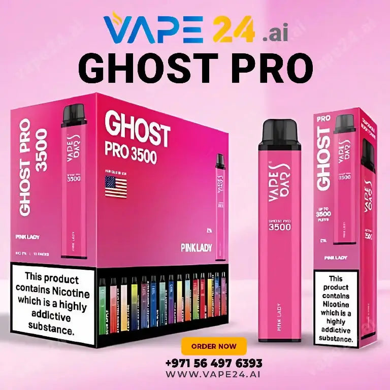"Vape Bar Ghost Pro 3500 Puffs display with pink packaging and nicotine warning from Vape24.ai"