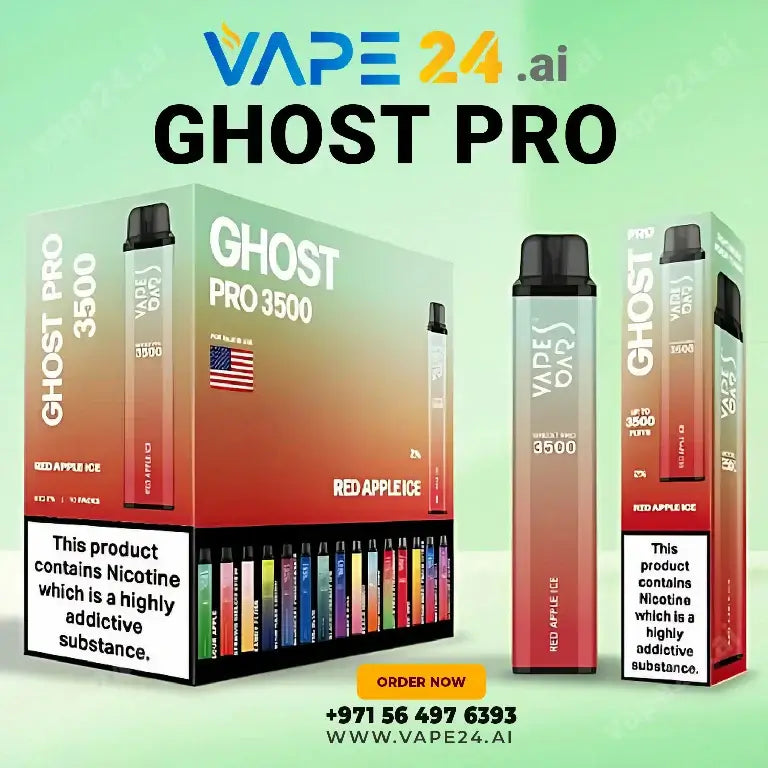 Vape Bar Ghost Pro 3500 Puffs Red Apple Ice flavor, available online in UAE with nicotine warning and contact details for Vape24.ai