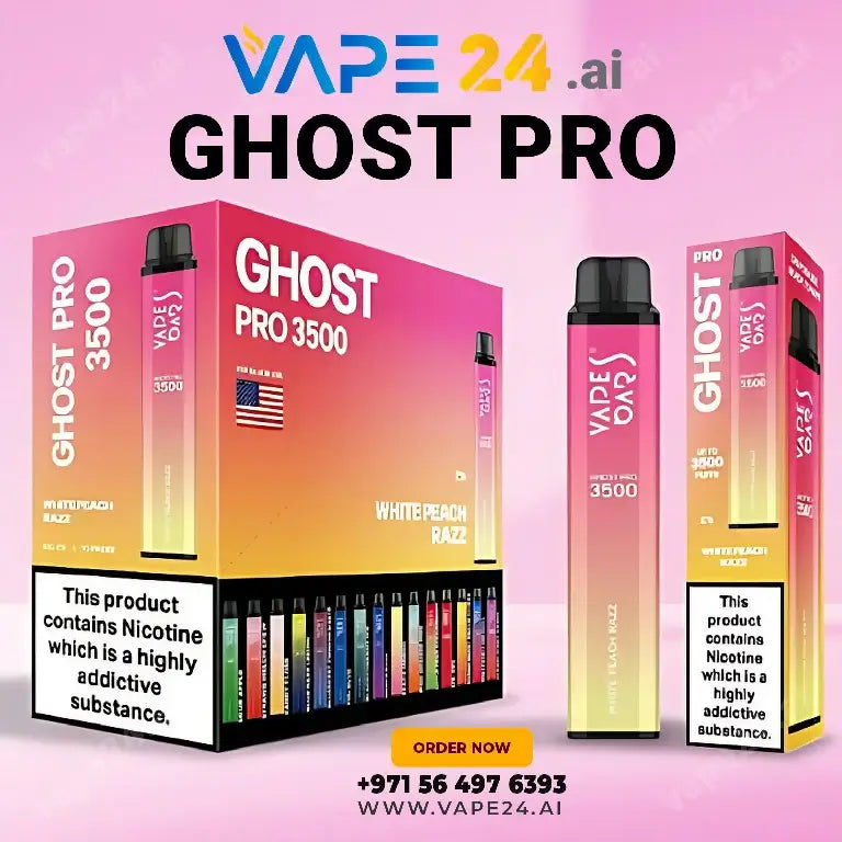 Vape Bar Ghost Pro 3500 Puffs display with white peach razz flavor packaging, featuring same-day delivery option in Dubai, UAE.