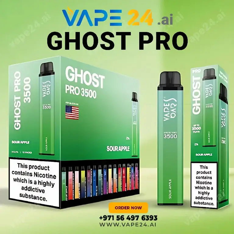 Vape Bar Ghost Pro 3500 Puffs Sour Apple flavor, nicotine warning, available online with fast UAE delivery.