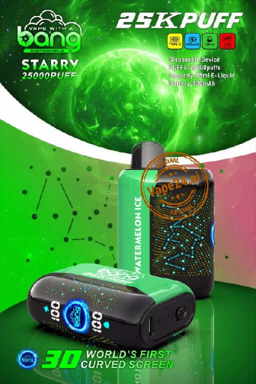 Bang Starry 25000 Puffs Disposable Vape featuring sleek design and vibrant colors, perfect for long-lasting vaping.