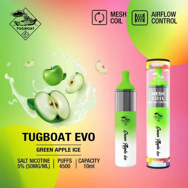Tugboat Evo 4500 puffs Disposable Vape Best and popular 2023Flavors-: Green Apple Ice