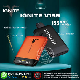 IGNITE V155 vape device with branding and product details on a teal background