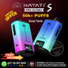 Hayati Pro Ultra+ vape device with gradient color and digital display on a dark background.