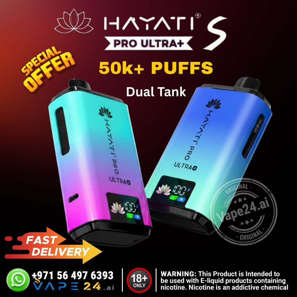 Hayati Pro Ultra+ vape device with gradient color and digital display on a dark background.
