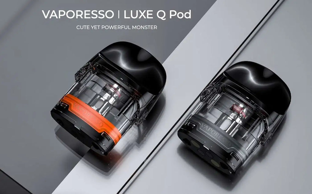 Vaporesso Luxe Q Replacement Pods in black and orange, showcasing powerful vaping performance and stylish design.