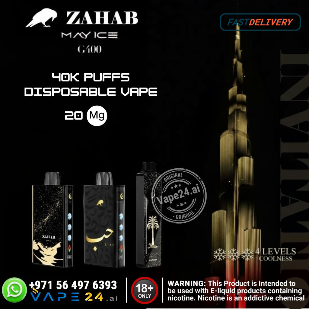 Zahab vape device packaging with branding and product details on a dark background