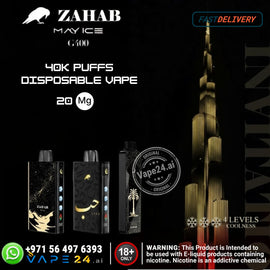 Zahab vape device packaging with branding and product details on a dark background