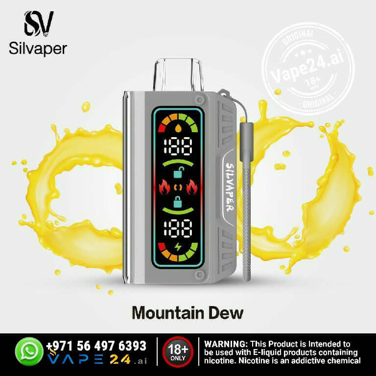 Silvape 20000 Puffs DTL Disposable Vape Mountain Dew flavor with colorful display and vibrant lemon splash background.