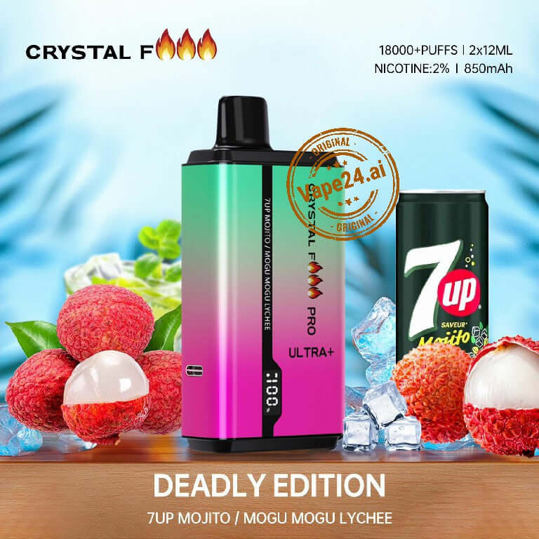 Crystal Fire Pro Ultra Vape 18000 puffs, 7UP Mojito and Mogu Mogu Lychee flavors, vibrant packaging and soda can.