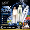 Three AAOK disposable vape devices in rose gold, mint green, and silver are displayed against a dark blue background with smoke, water droplets, and fruit graphics. The image includes promotional text such as '25K Puffs', 'Visible', and 'Vape24.