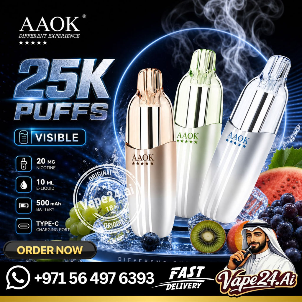 Three AAOK disposable vape devices in rose gold, mint green, and silver are displayed against a dark blue background with smoke, water droplets, and fruit graphics. The image includes promotional text such as '25K Puffs', 'Visible', and 'Vape24.