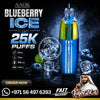 AAOK Blueberry Ice disposable vape device in a vibrant blue and green gradient finish, displayed with ice cubes, blueberries, and promotional text on a dark background.