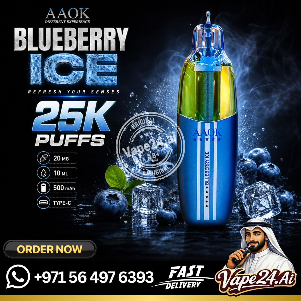 AAOK Blueberry Ice disposable vape device in a vibrant blue and green gradient finish, displayed with ice cubes, blueberries, and promotional text on a dark background.