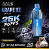 AAOK Grape Ice disposable vape device in a metallic blue finish, displayed on a dark background with grape graphics, promotional text '25K Puffs', and retailer branding for Vape24.Ai.