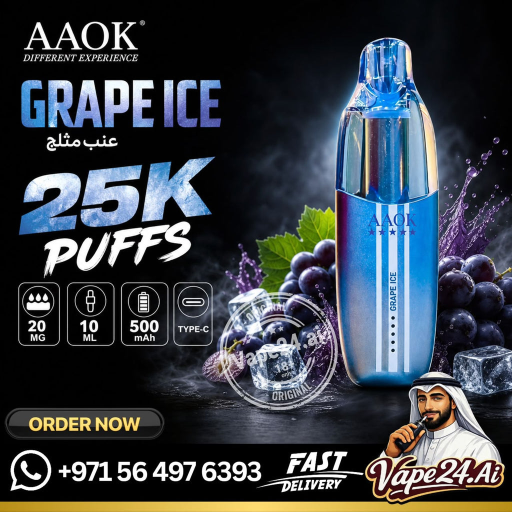AAOK Grape Ice disposable vape device in a metallic blue finish, displayed on a dark background with grape graphics, promotional text '25K Puffs', and retailer branding for Vape24.Ai.