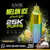 AAOK Melon Ice disposable vape device shown in a promotional graphic with large text reading 'Melon Ice 25K Puffs', flavor imagery including melon slices and ice, and retailer logos at the bottom.