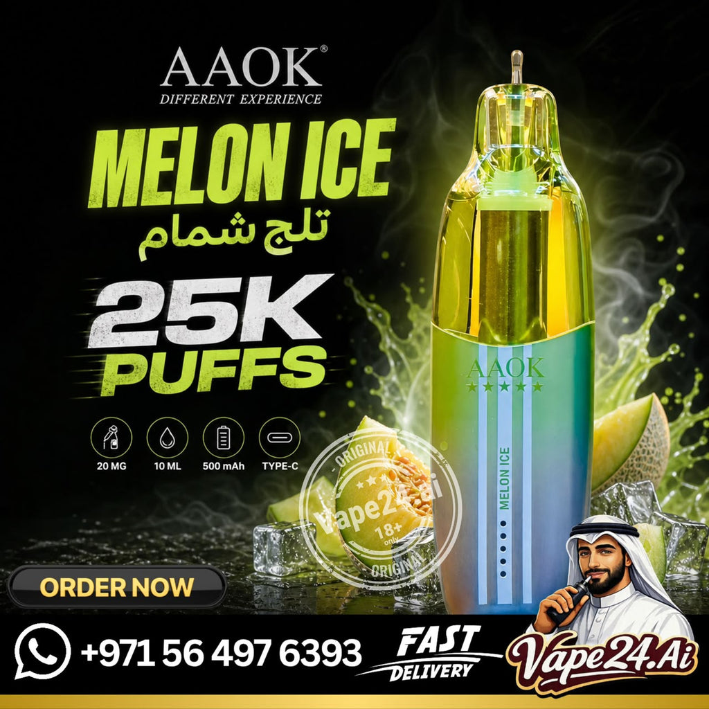 AAOK Melon Ice disposable vape device shown in a promotional graphic with large text reading 'Melon Ice 25K Puffs', flavor imagery including melon slices and ice, and retailer logos at the bottom.