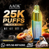 AAOK Peach Ice disposable vape device shown in a promotional graphic with large text reading '25K PUFFS' and flavor details. The ad includes icons for 20 mg, 10 ml, 500 mAh, and Type-C, plus peach fruit imagery, ice cubes, smoke effects, and a man's portrait with the Vape24.