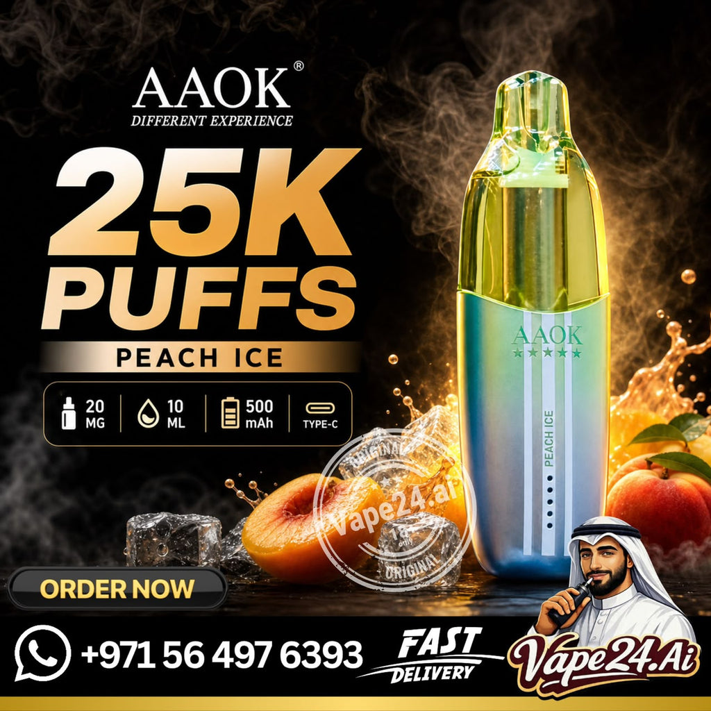 AAOK Peach Ice disposable vape device shown in a promotional graphic with large text reading '25K PUFFS' and flavor details. The ad includes icons for 20 mg, 10 ml, 500 mAh, and Type-C, plus peach fruit imagery, ice cubes, smoke effects, and a man's portrait with the Vape24.
