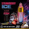 AAOK Strawberry Ice disposable vape device shown on a dark promotional background with strawberries, ice cubes, smoke graphics, and large text including 'STRAWBERRY ICE', 'AAOK', '25K PUFFS', and 'Vape24.Ai'.